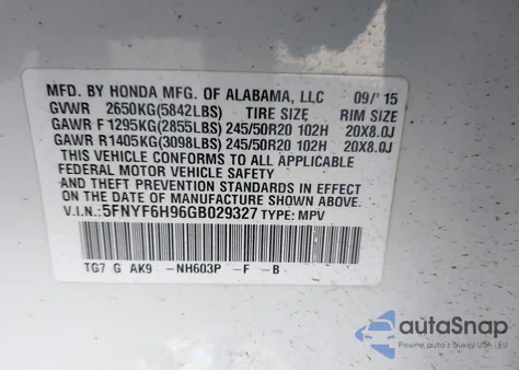 2016 Honda Pilot Touring z USA, uszkodzony, nr VIN 5FNYF6H96GB029327